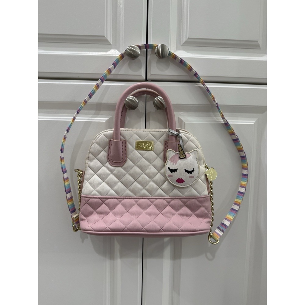 Luv by Betsey Johnson quilted white light pink shoulder bag Unicorn Striped